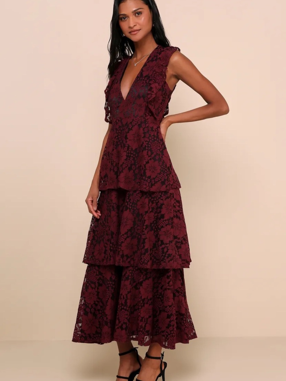 Lulu's Burgundy Lace Tiered Maxi Dress with Ruffles - Picture 5 of 5